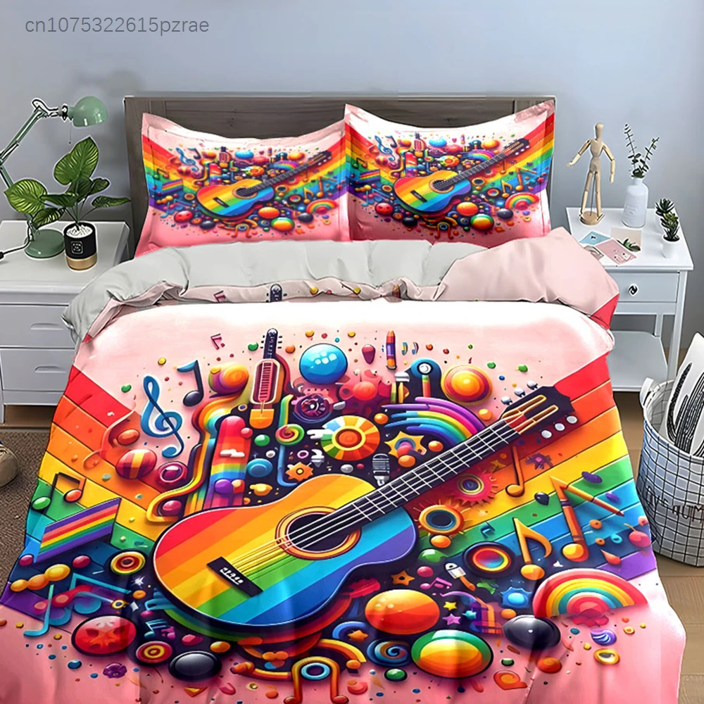 Colorful Music Guitar Set Decor Multiple Sizes kid's And adults' Bedroom Exquisite 3PC Bedding set, Gift 3