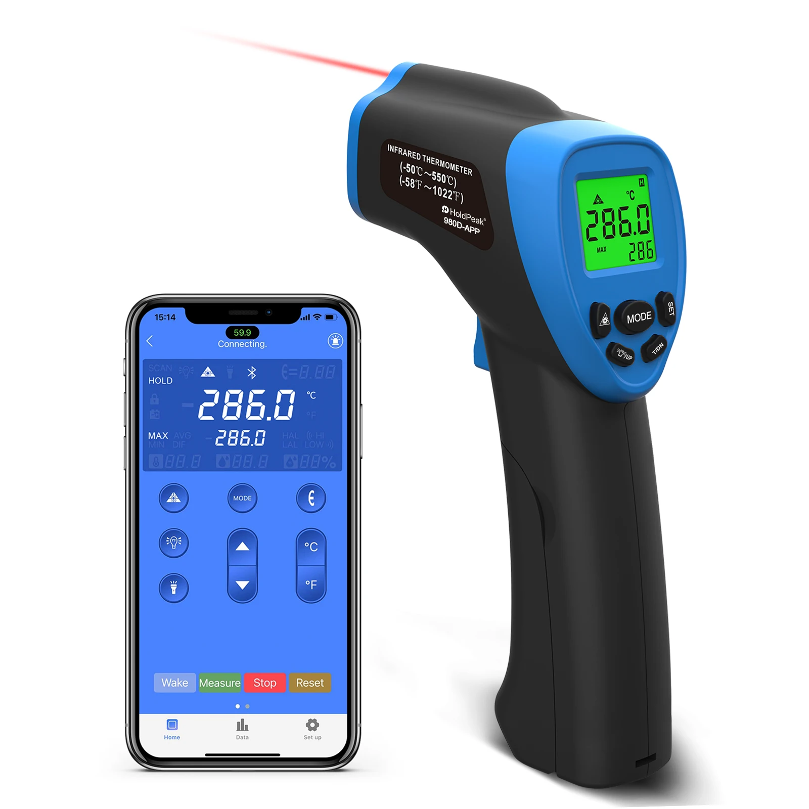 Holdpeak HP-980D-APP Handheld Infrared Thermometer w/Wireless Bluetooth, Non-Contact Digital Temperature Gun -58℉ to 1022℉