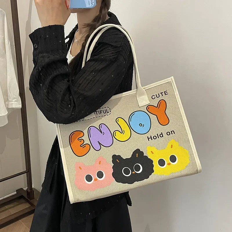 Bolso De lona con estampado De gatito bonito para Mujer, bolso De mano con letras De viaje, Bolsos De compras para Mujer, Bolsos De Mujer