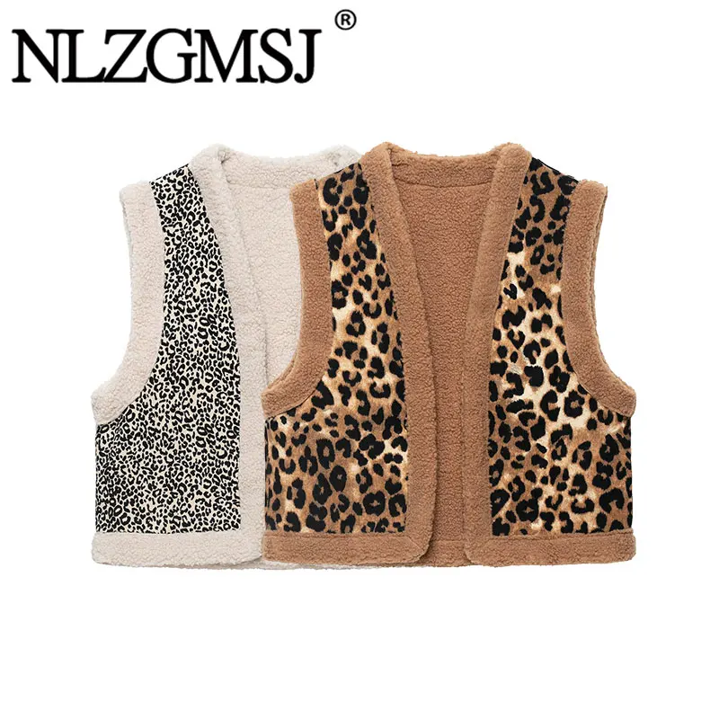 Nlzgmsj 2026 Autumn Winter Women Leopard Print  Vest V Neck Sleeveless Open Front Cropped Waistcoat Warm Casual Tank