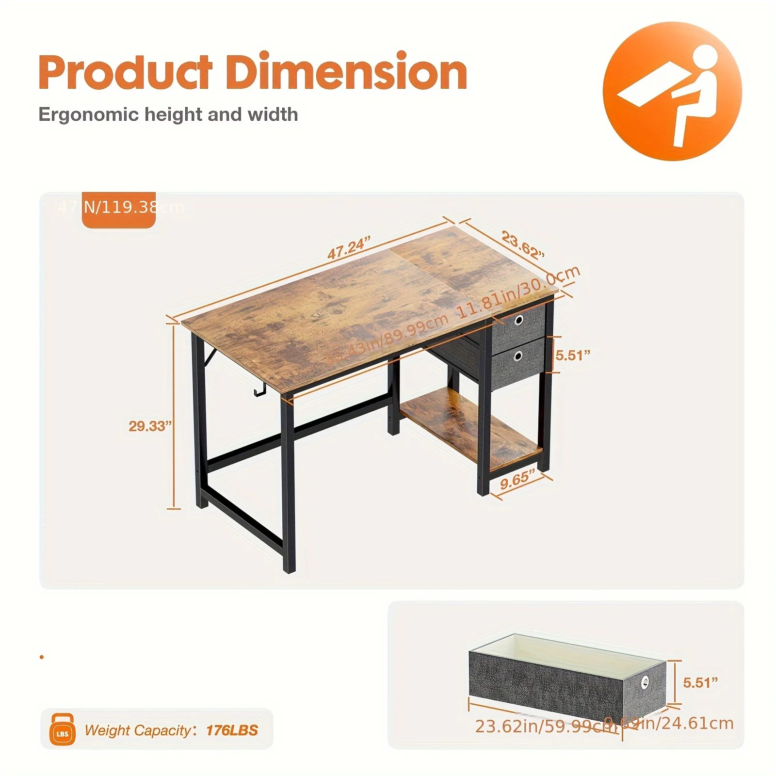 

47-Inch Compact Space-Saving Desk with 2-Tier Storage Drawers & Shelf - Simple Modern Wooden Table for Office