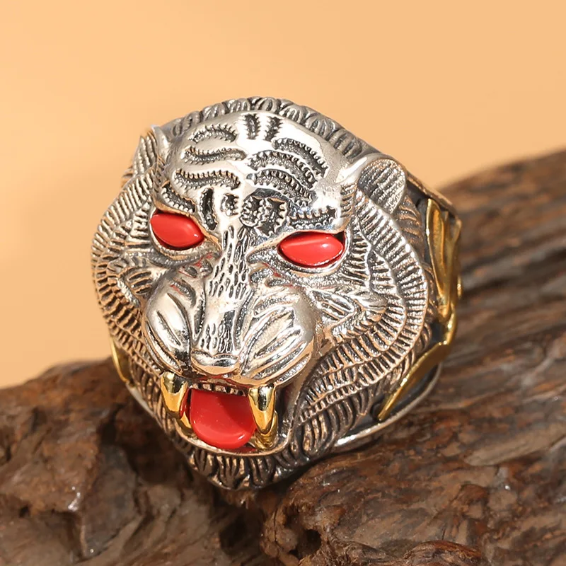 

Retro thai silver turquoise handmade tiger head open ring trendy stylish domineering boys