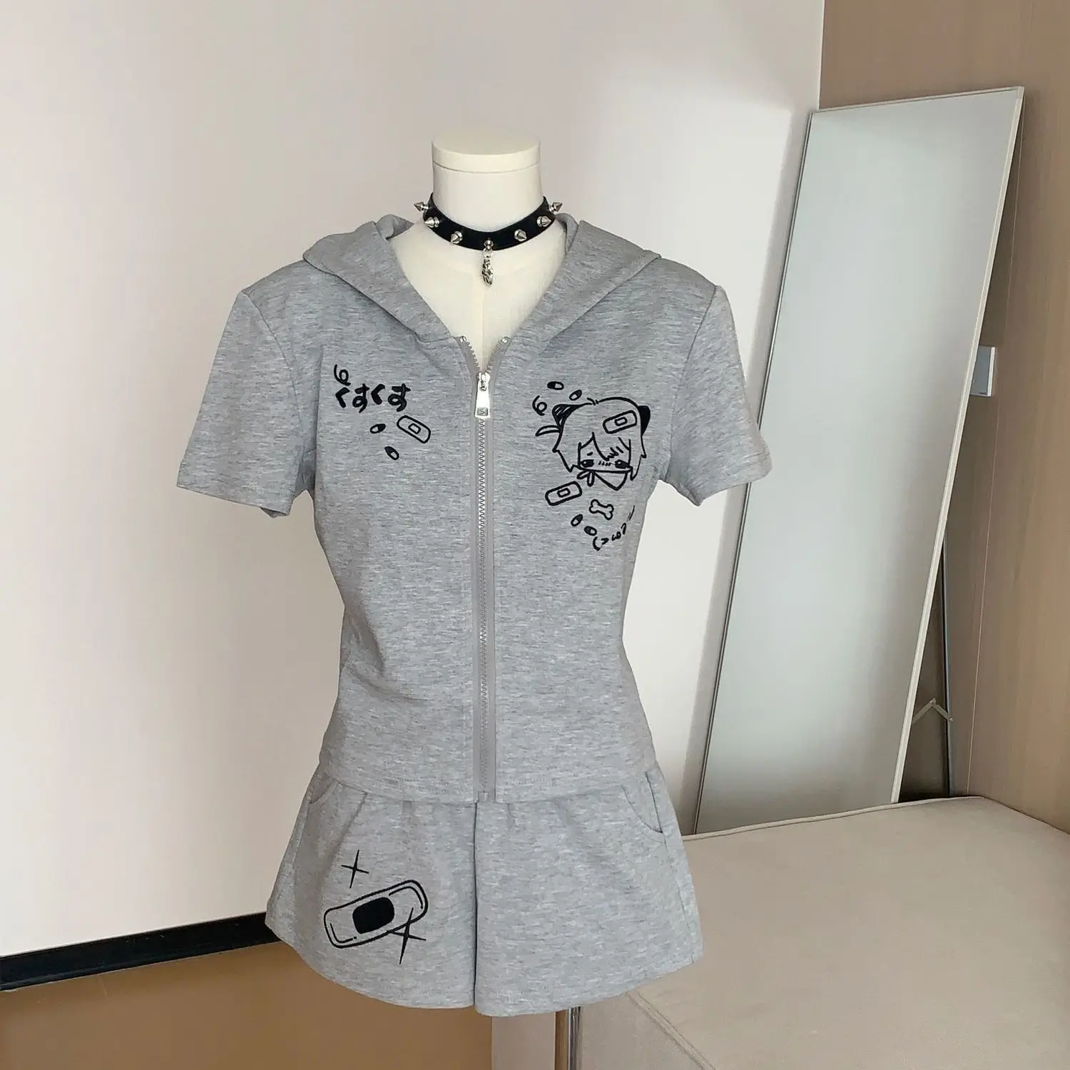 2000s Y2K Kawaii Cartoon-Printed Two-Piece Set: Cat Ear Hoodie & Shorts, Casual Cute Style with Japanese Anime Prints Sweet Girl view 3