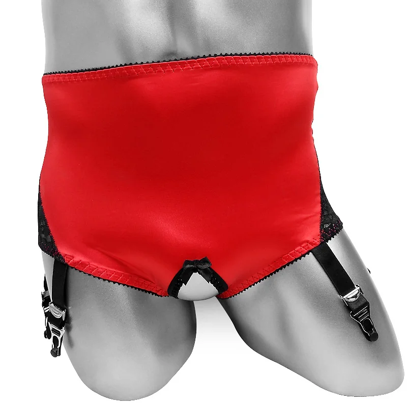 Sissy Lingerie for Men High Waist Satin Garter Panties 6 Clips Open Crotch Open Back Lace Crossdresser Underwear CD