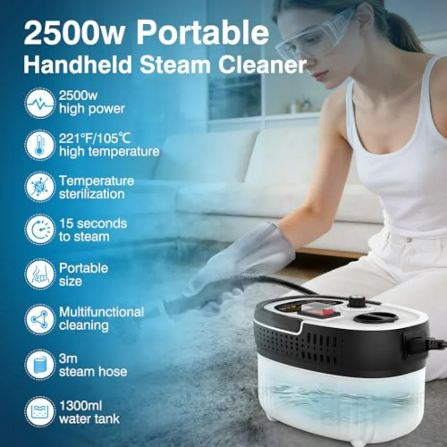 Steam Cleaner for Home Car Detailing: 2500W High Pressure Portable Steamer, Stainless Steel Body, White/Black, 6-Level Adjustab