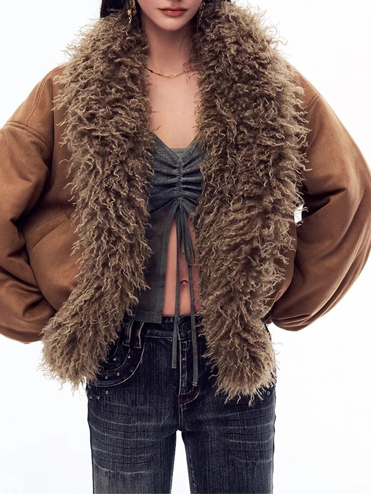 

European style new women's fashion all-match temperament artificial fur large fur collar splicing cotton coat