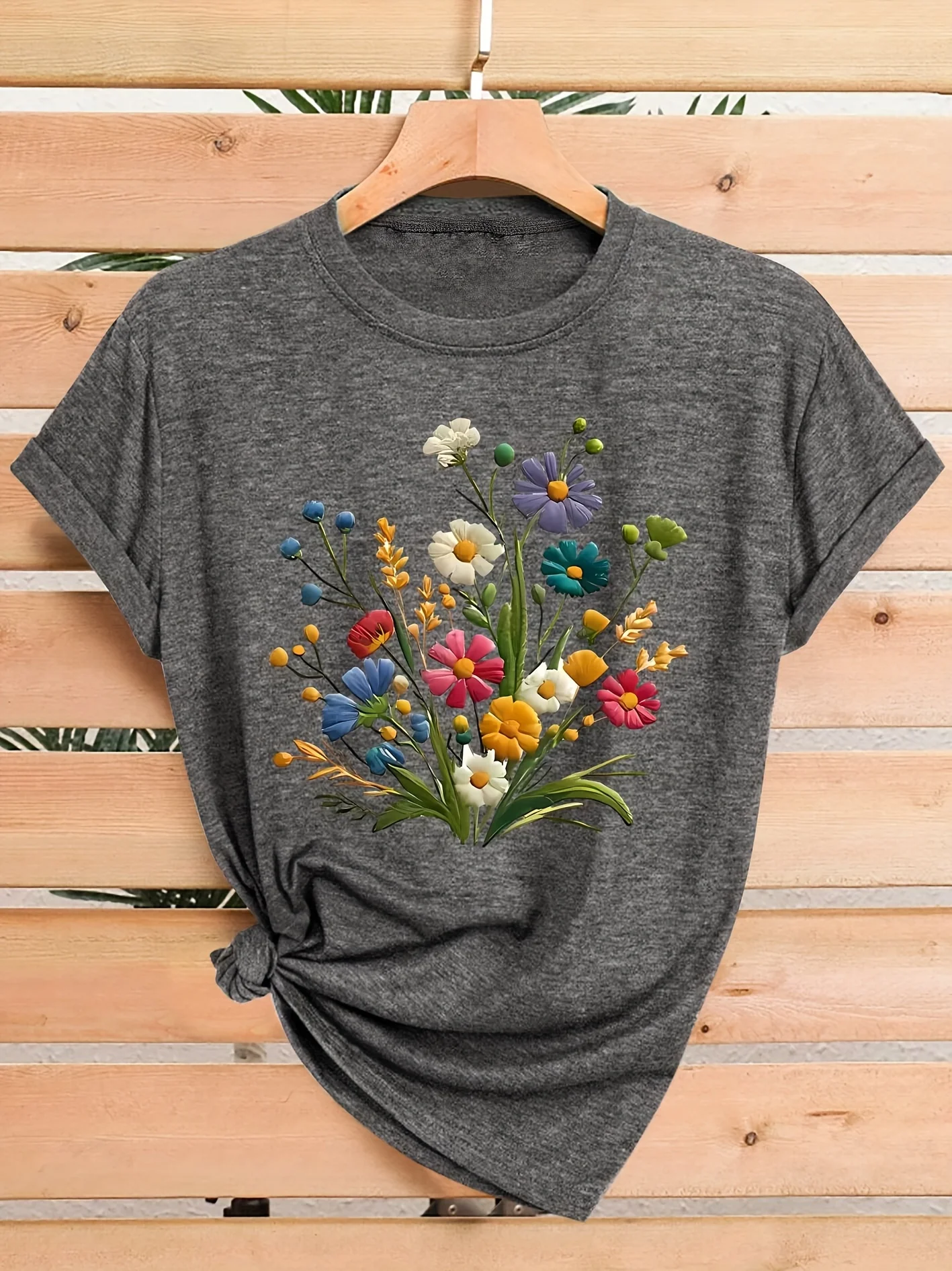 Wildflower Bouquet Women's Tee - Colorful Floral Graphic, Casual Teal Top image 2