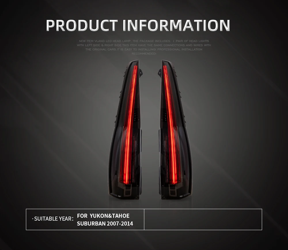 VLAND LED Tail Lights for GMC Yukon Chevy Tahoe Suburban 3rd Gen 2007–2014 W/ Start-up Animation Rear Lamps Assembly Set of 2