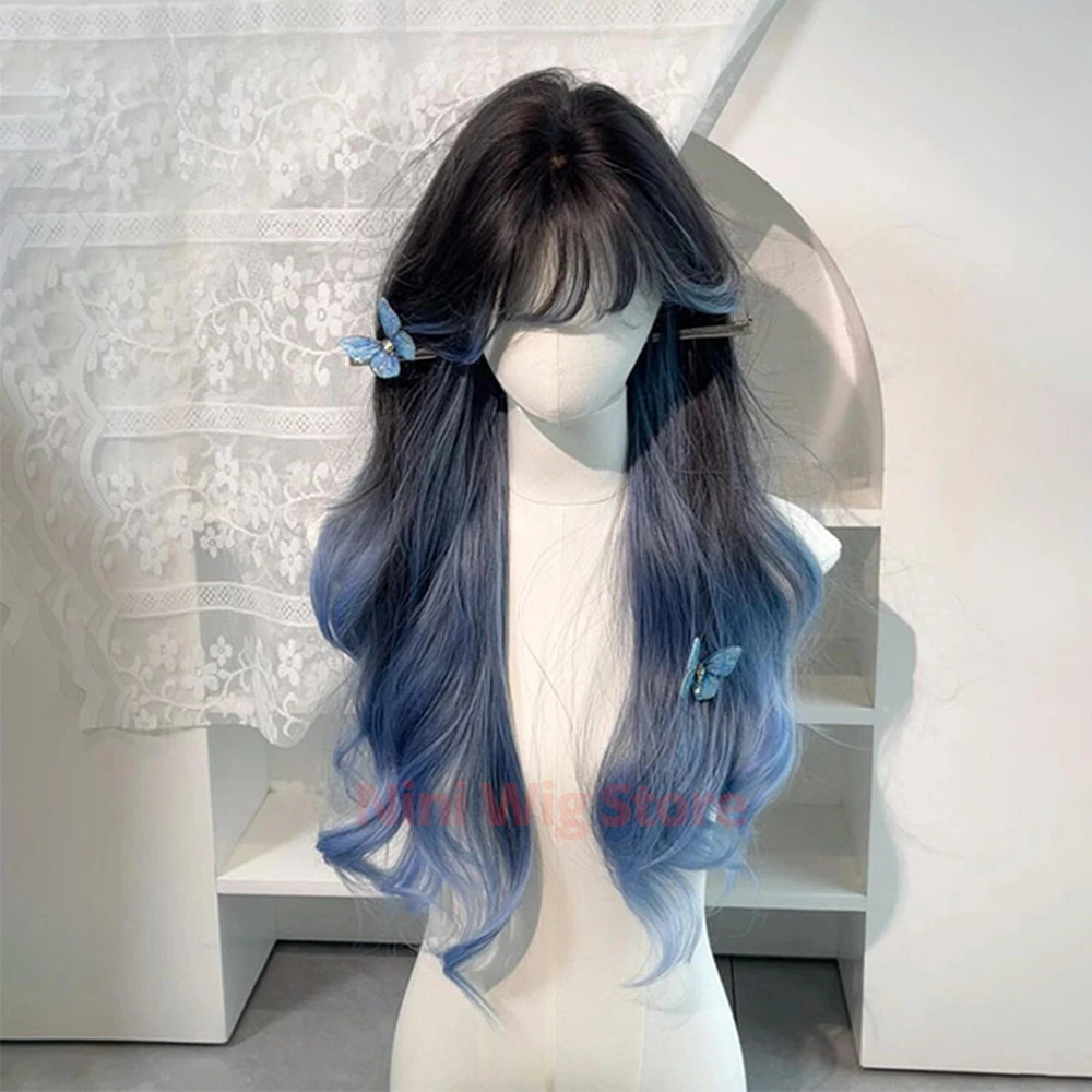 Ombre Black To Blue Long Wavy Wig with Air Bangs for Women Heat Resistant Synthetic Wig for Lolita Cosplay Daily Party Halloween