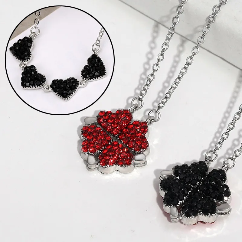 Trendy Red Black Double Side Magnet Buckle Heart Clover Pendant Women Necklaces Female Double Wear Stainless Steel Neck Chain