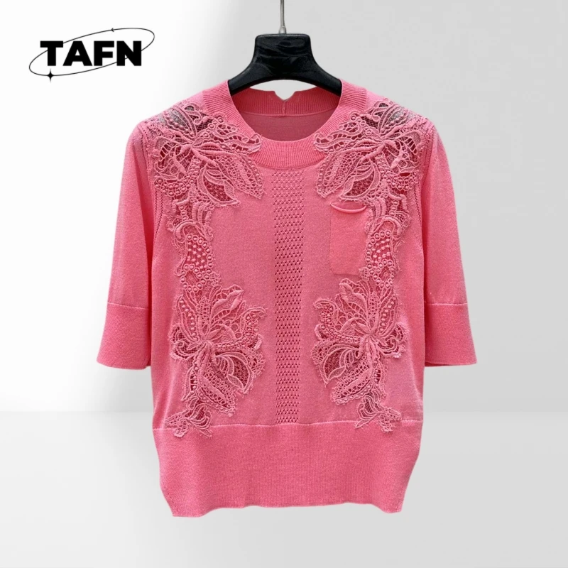 Luksusowa kaszmirowa bluzka bankietowa z koronką, krótkim rękawem, wzorem kwiatowym, dzianinowa odzież damska, 75% wełna, 25% prawdziwej jedwabiu, elegancka A25366