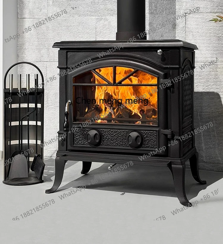 Fireplace real fire burning wood winter heating rural self-built house villa European cast iron home