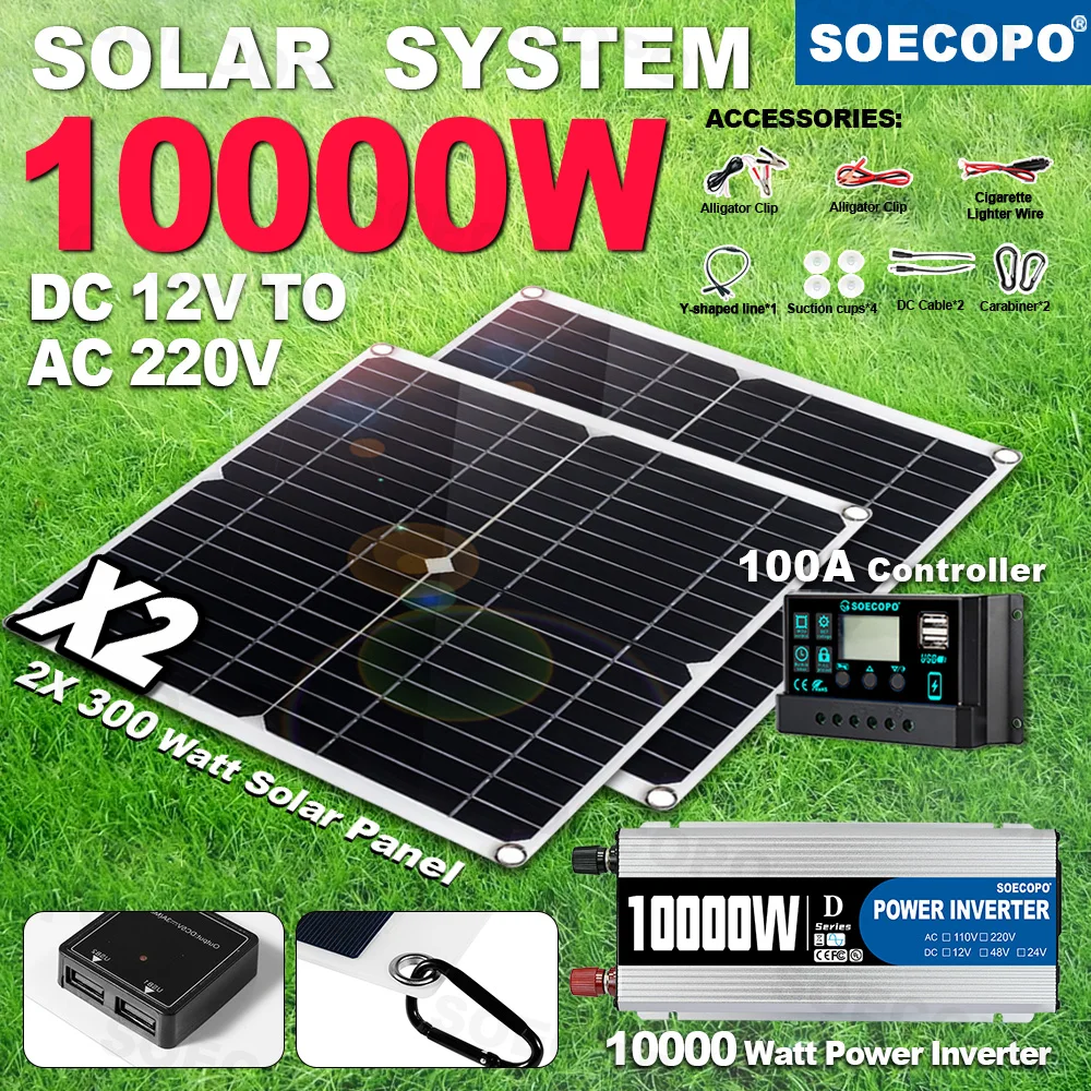 

SOECOPO 10000W Full Solar System 2×300W Panels DC 12V To AC 110V/220V Inverter 100A Controller Home Camping Car RV Solar Kit