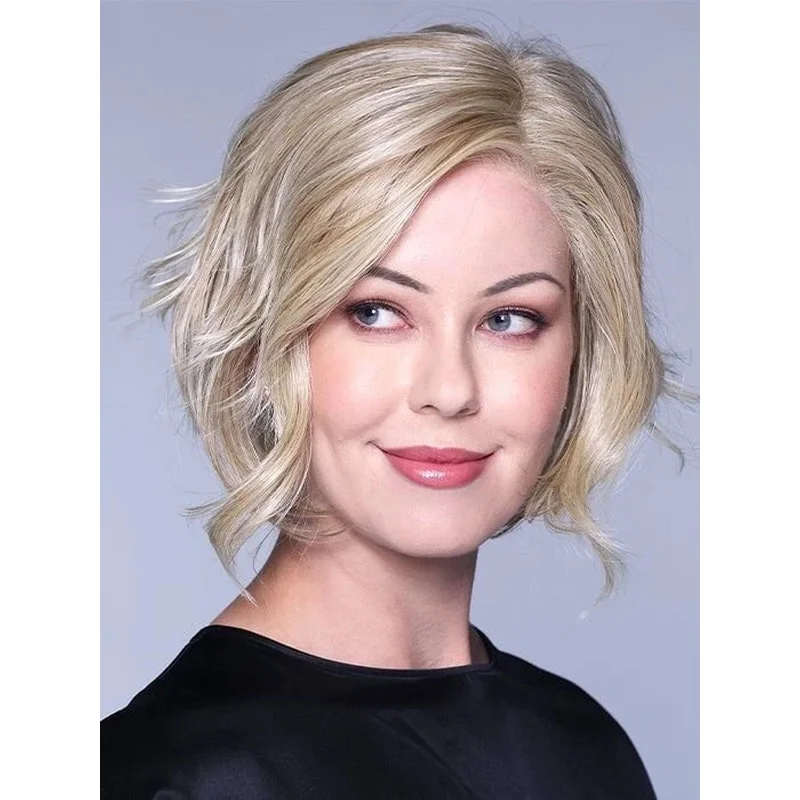 Human Hair New Fashion Women's Brown Mix Blond Wavy Wigs 12 Inch
