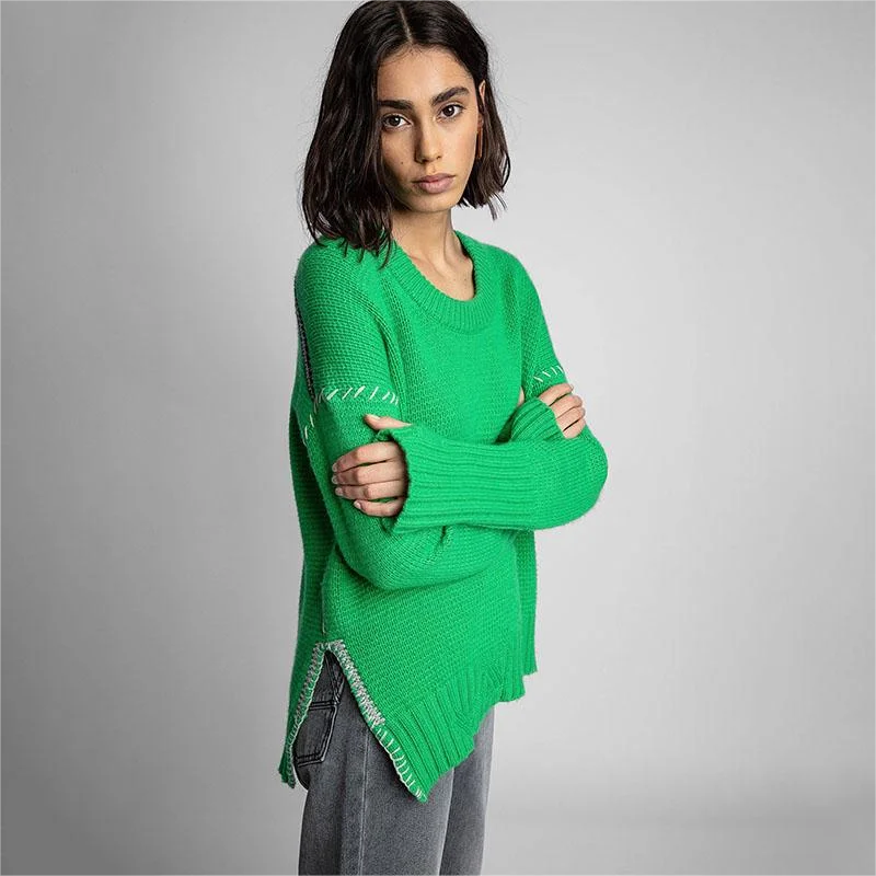 Zadig Winter Sweater Women Fashion Green Embroidered Casual Knitwear Jumpers Female Crew Neck Long Sleeve Cashmere Sweater Tops