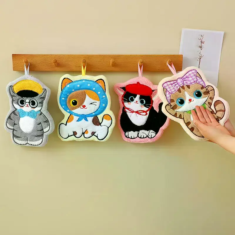 1Pcs Cute Cat Hanging Towel Kitchen Hand Towel Bathroom Soft Absorbent Handkerchief Wipe Towel Cartoon Kids Towels