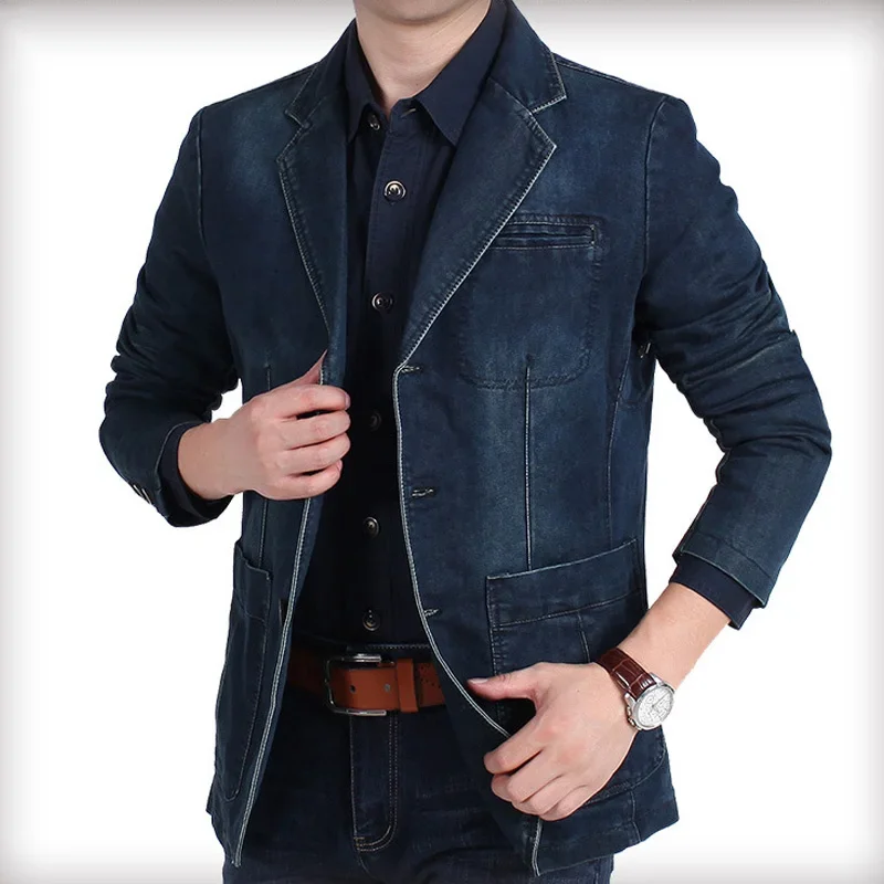 Brand Denim Jacket Men Autumn Blazer Jacket Slim Fit Military Jacket Single Breasted Turn-down Collar Jeans Coat Plus Size XXXXL