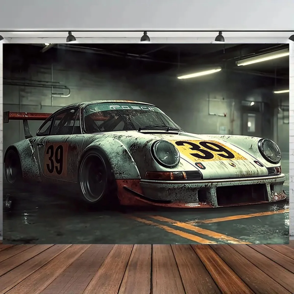 1 Retro-Rennstrecken-Garagen-Hintergrunddekor – Große Partydekoration, klassisches Renn- und Garagenstudio-Design