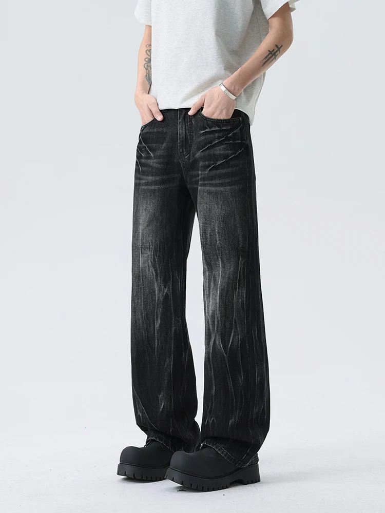 

Черные расклешенные джинсы мужские, уличный стиль, модные винтажные брюки, белые с эффектом потертости, свободные повседневные джинсы с эластичным поясом, широкие штанины, джинсовые брюки.