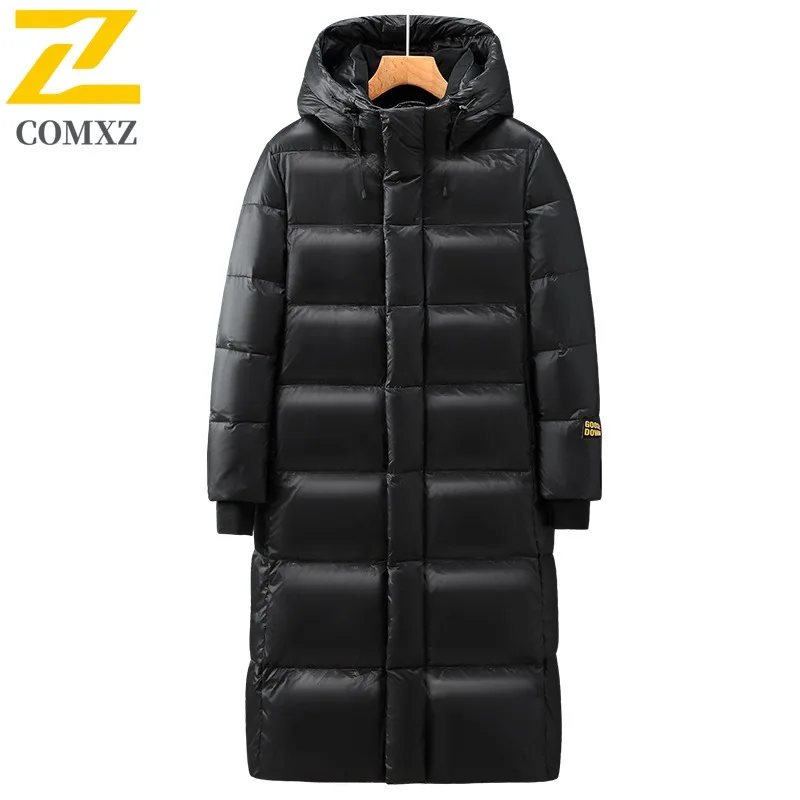 COMXZ Men Long Down Jacket Outdoor Travel Thickened Warm Parka Knee Length Design Cold Resistant Lightweight Winter Coat