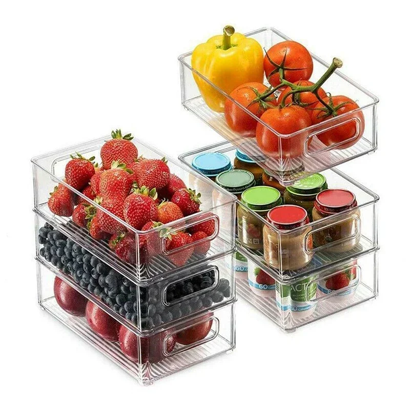 

Stackable Fridge Food Box Acrylic Refrigerator Storage Bin with Handle Clear Plastic Pantry Food Freezer Bedroom Organizer Tool