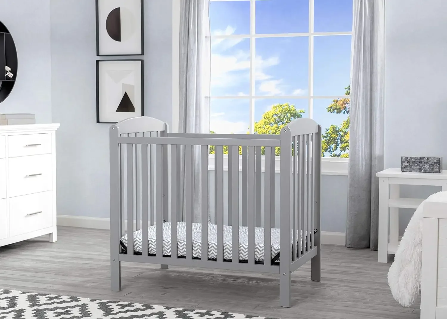 Emery Mini Convertible Baby Crib with 2.75-inch Mattress, Grey