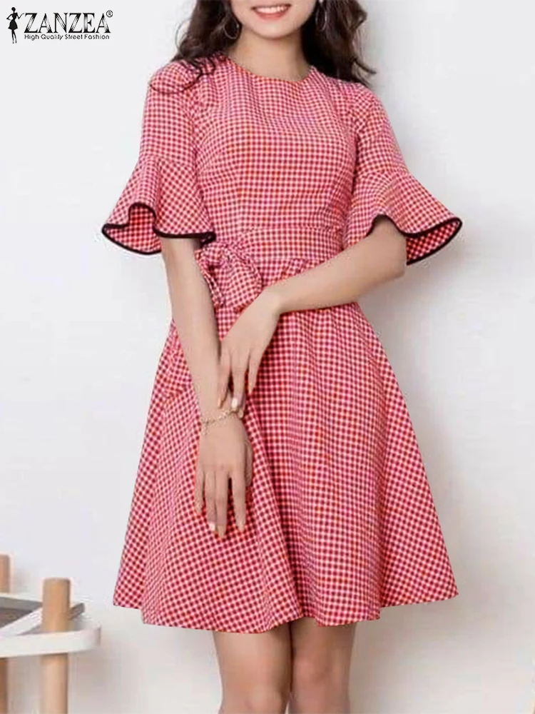 

ZANZEA Holiday Women Flare Short Dress Vintage Plaid Printed Dresses Fashion Belted Tie Waisted Sundress 2025 Summer Office Robe