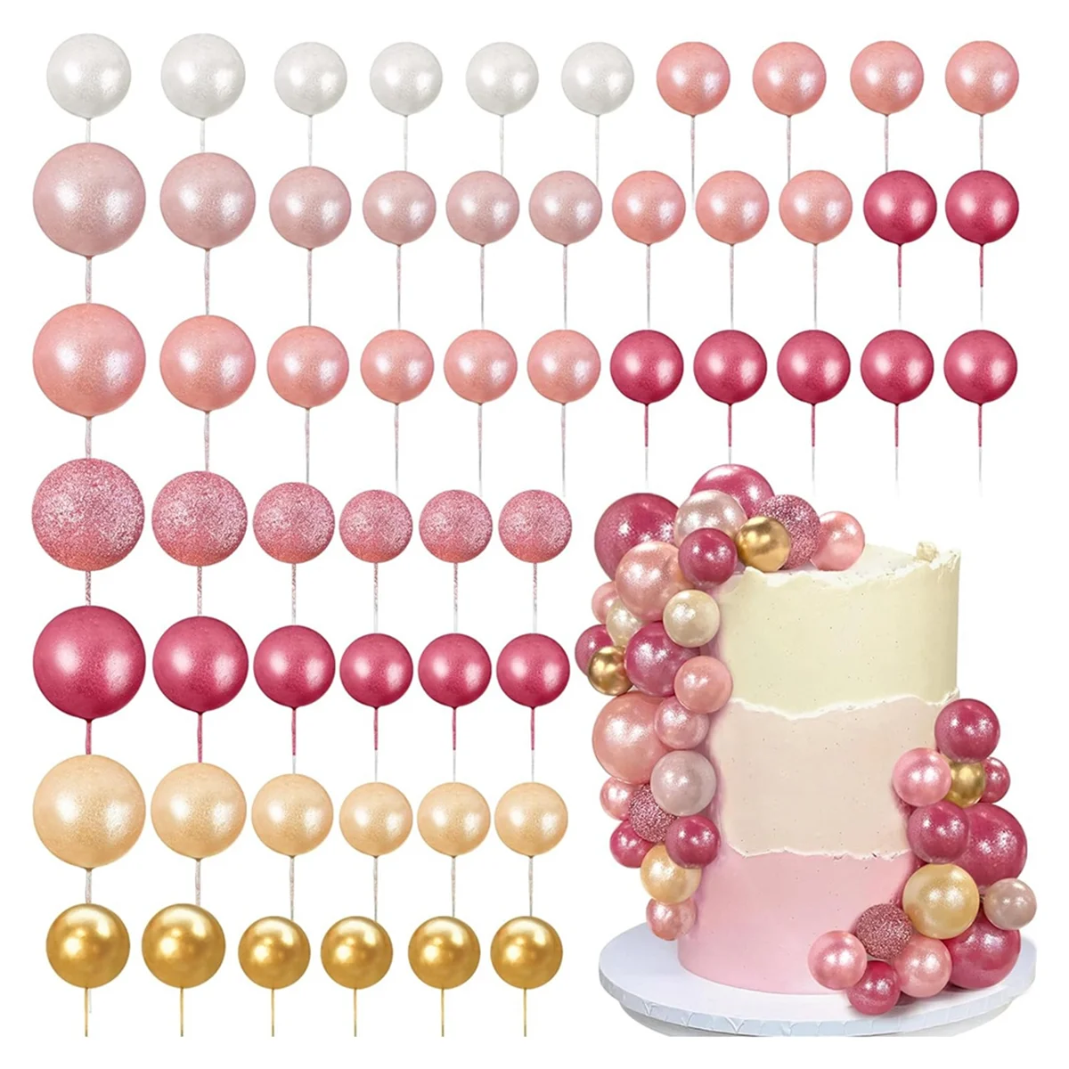 EYFL-56 PCS Ball Cake Picks Ball Shaped Cake Topper Pearl Balls Cupcake Cake Insert Topper for Birthday Party Wedding Pink