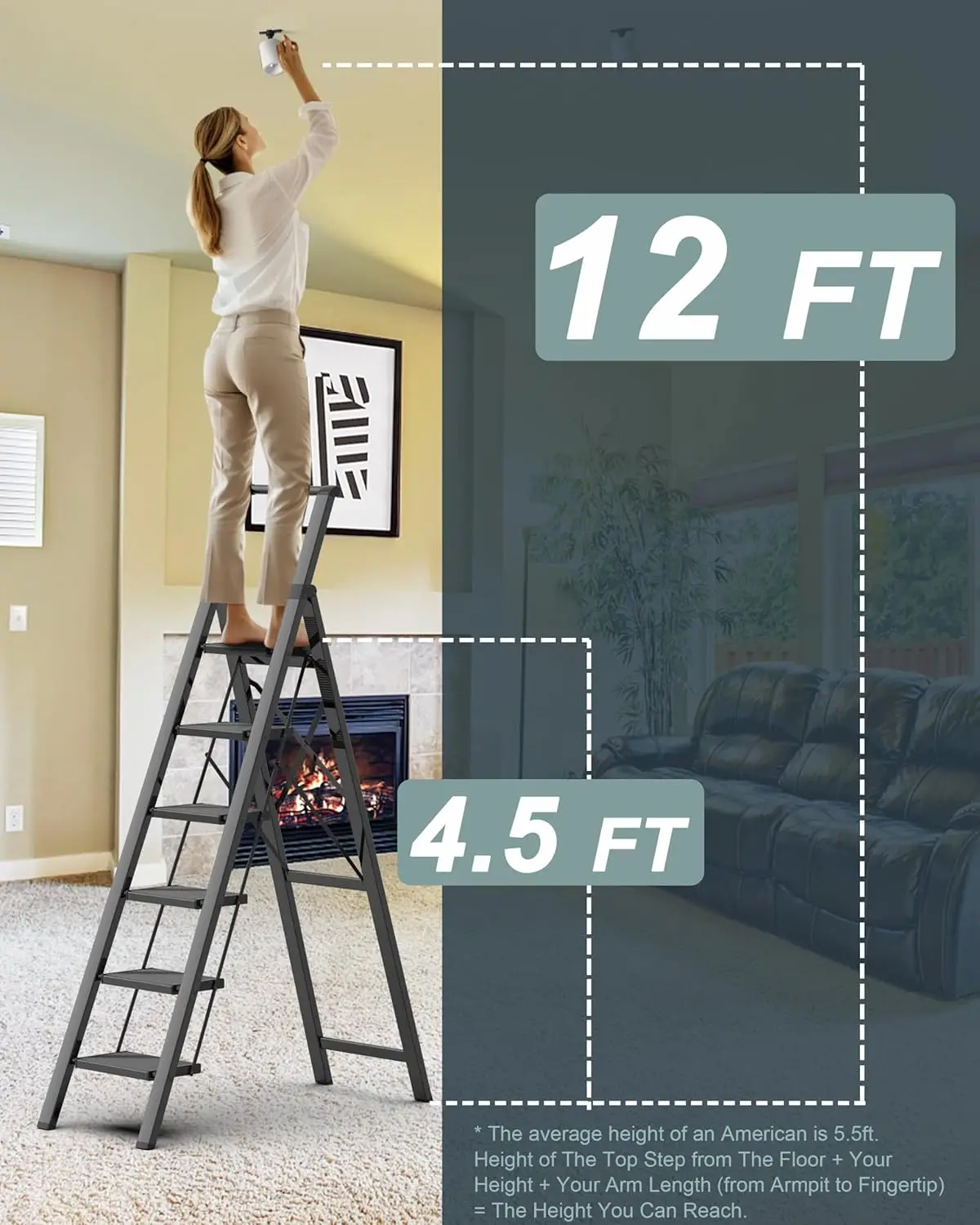 12 Feet High Ceiling, Folding Step Stool with Hand grip and Anti-Slip Wide Pedal