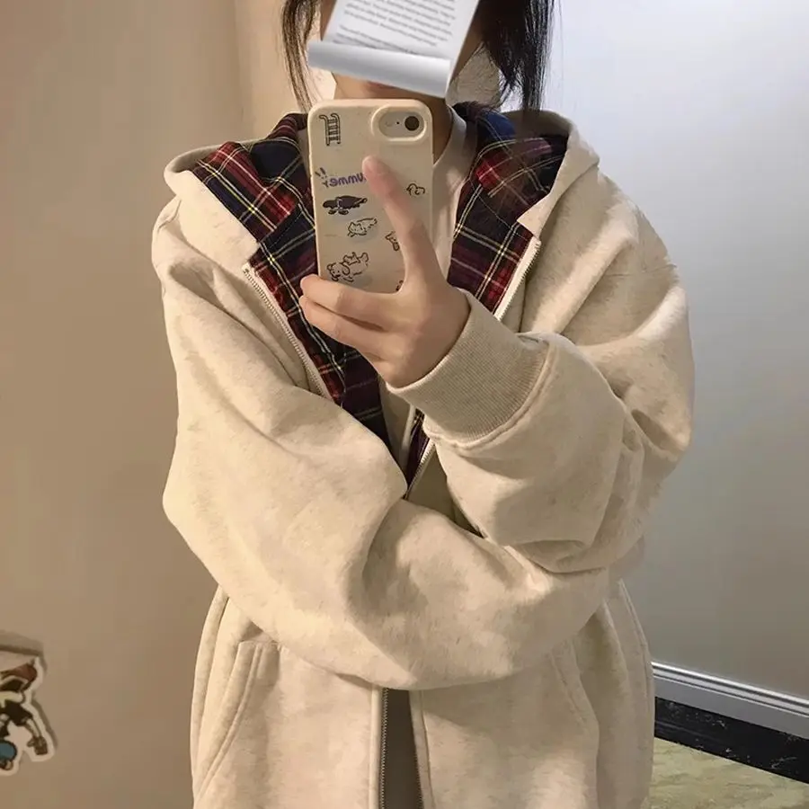 Women Vintage Plaid Patchwork Color Block Hoodie Jacket Autumn Winter Casual Cardigan Streetwear Hooded Sweatshirt Top