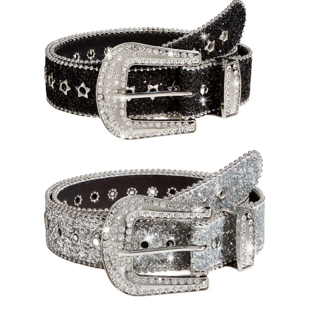 

Belts Trendy Solid Color Sparkling PU Leather Belt Cowboy Cowgirl Jeans Pants Belt For Women Girls