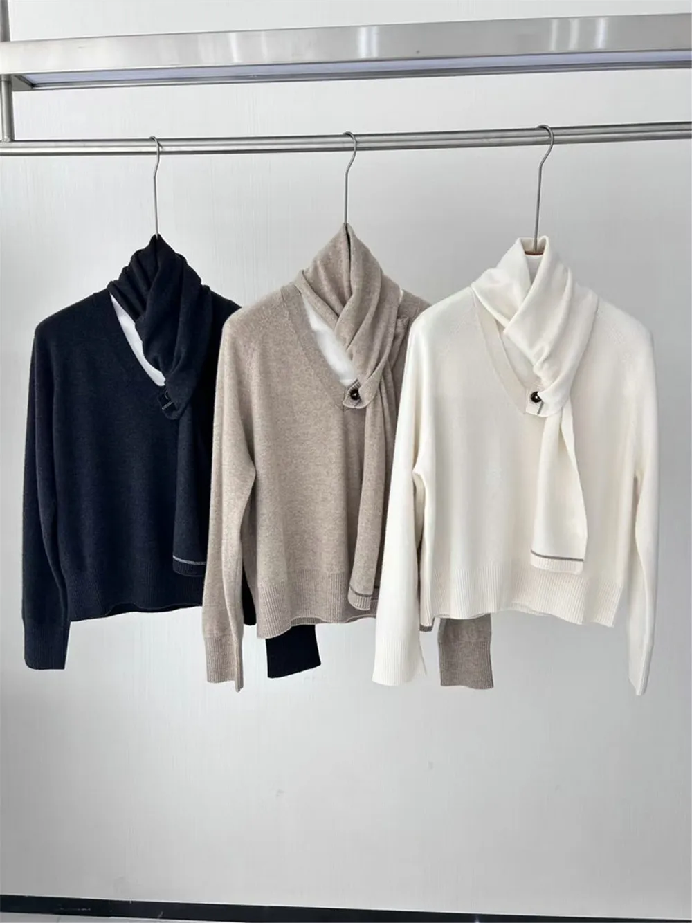 

25 осень/зима, новый съемный шарф, кашемировый свитер с v-образным вырезом, женский свободный вязаный свитер с длинными рукавами