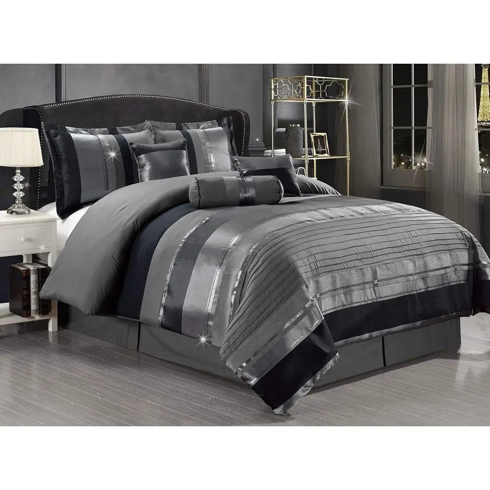 

Комплект постельного белья GrandLinen из 7 предметов, размер King Size, шенилл/тканое полотно, серый/серебристый с полосками, увеличенный размер, в комплекте с одеялом