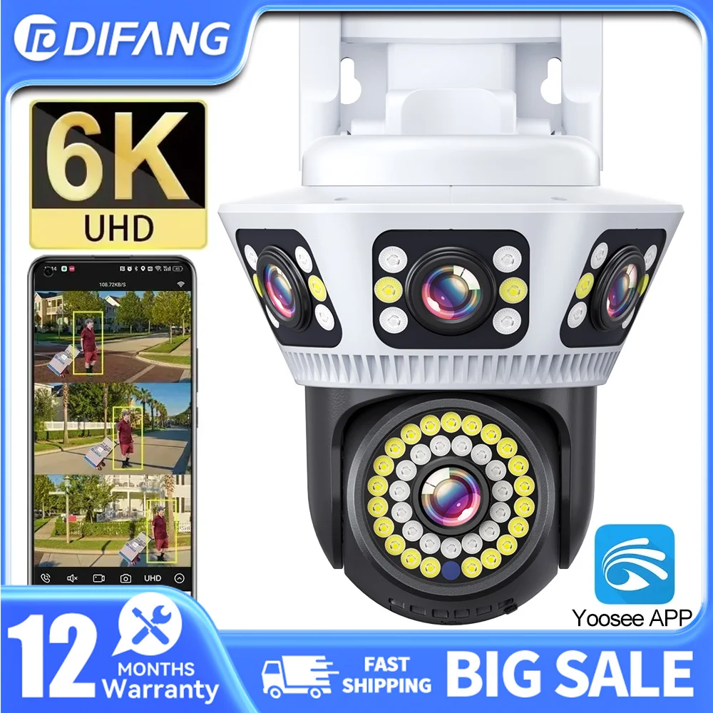 DIFANG 6K Outdoor WiFi Camera Surveillance 12MP Four-lens Three-screen Human Body Detection Bidirectional Voice 4K Camera CCTV