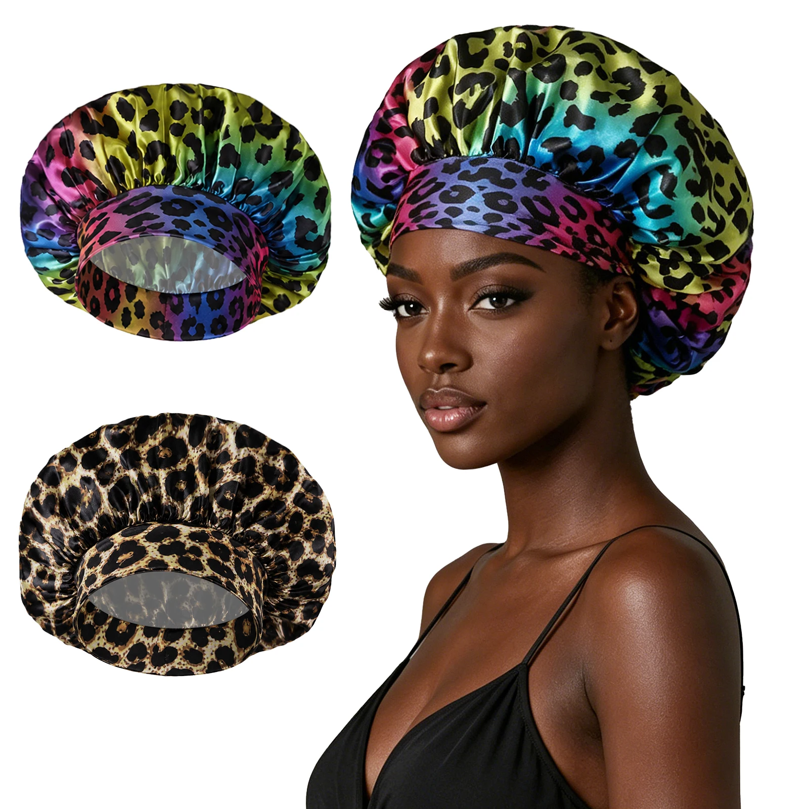 1Pc Leopard print satin sleep cap, silk-like satin hair cap, soft and elastic sleep hat, hair bonnet for women