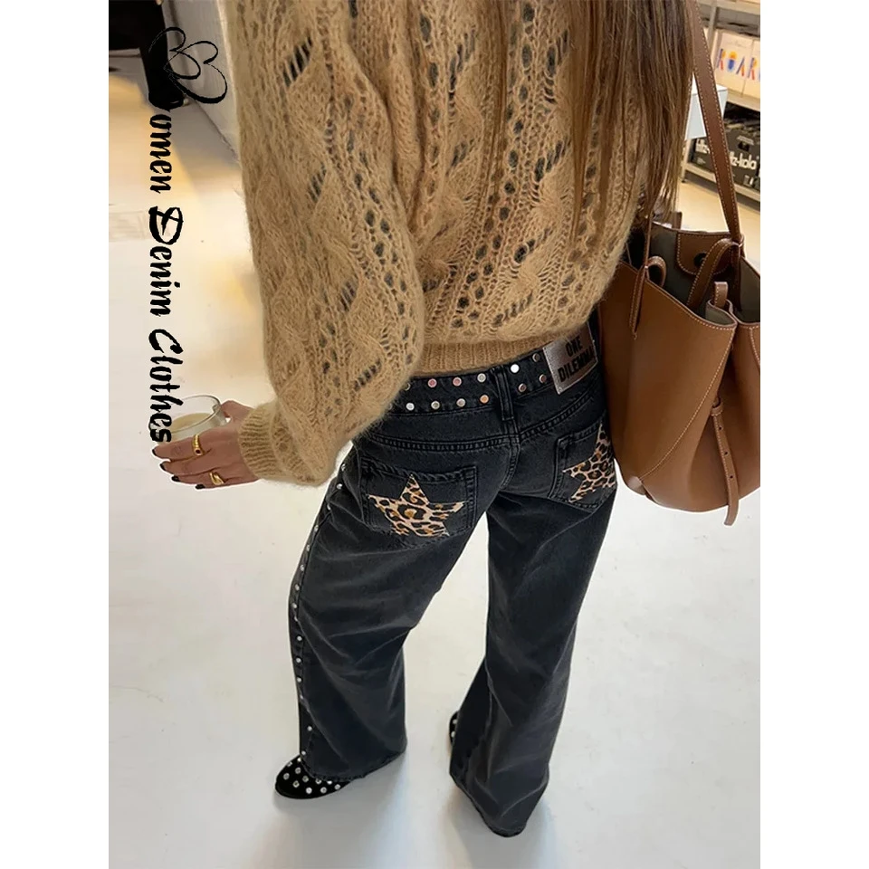 

Faionable High Waist Wide Leg Star Embellied Design Casual Women's Jeans Spring Summer New Arrival Cross-Border Sle