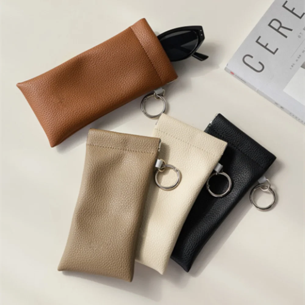 Portable Squeeze Top Sunglasses Bag Soft Leather Reading Glasses Pouch with Keychain Simple Solid Color Mobile Phone Storage Bag