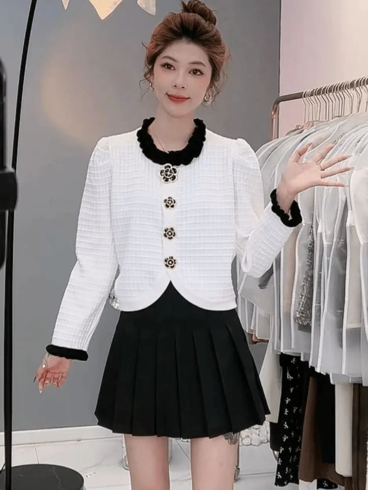 Cárdigan de punto con manga de burbuja para mujer, suéter con botones de flores, abrigos cortos de punto elegantes de Color contrastante, alta calidad, otoño