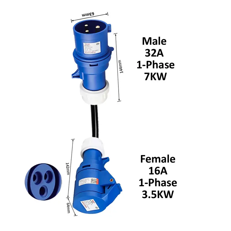 محول شحن السيارة الكهربائية ذكر 32A أزرق 1-Phase 7KW CEE التوصيل إلى أنثى 16A/32A أحمر 3-Phase / Blue 16A 1-phase المقبس
