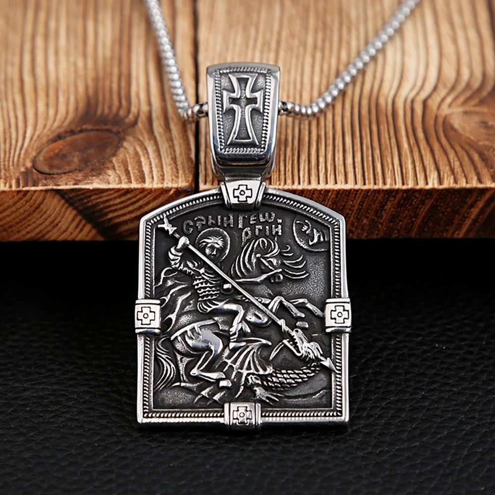 Heavy Metals Holy Warrior Religious Pendant Necklace For Men Stainless Steel St.George On Horse Necklaces Fashion Amulet Jewelry