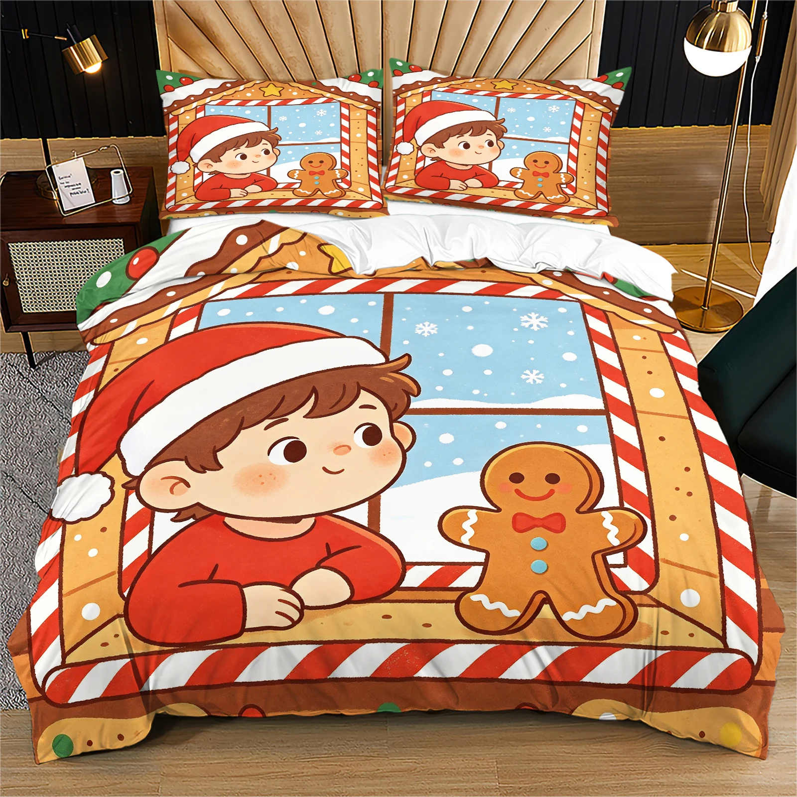 Cozy Gingerbread Xmas Duvet Cover Bedding Set Man Candy Stripe Snowy Winter Window Print Bedding Skin-Friendly Soft Bedding Set