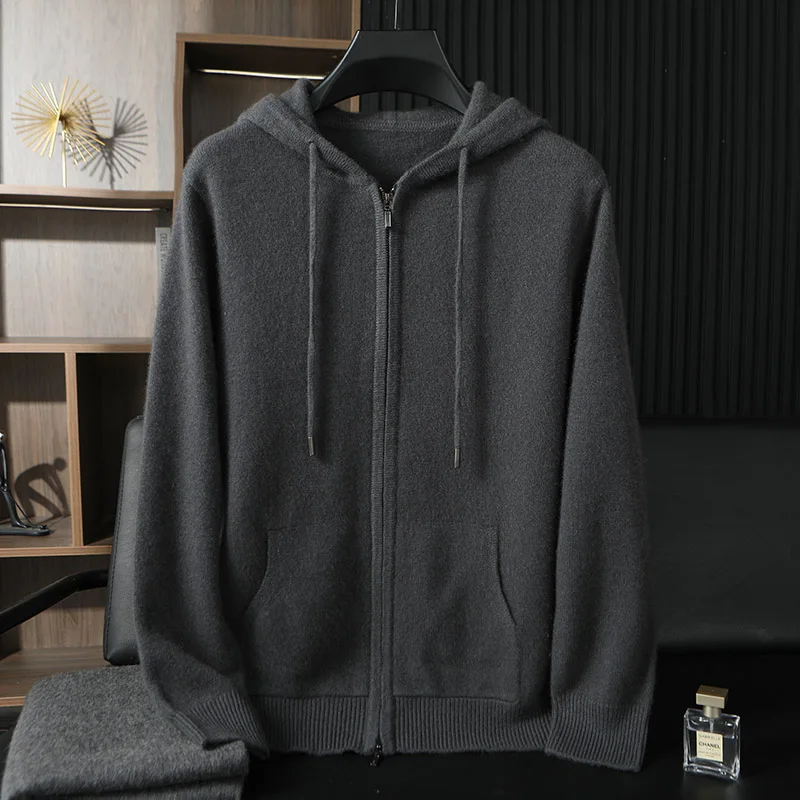 New Youth Casual 100% Pure Cashmere Men's Fashion Hooded Sweatshirt Loose Knitted Cardigan Sports Cashmere Top Jacket