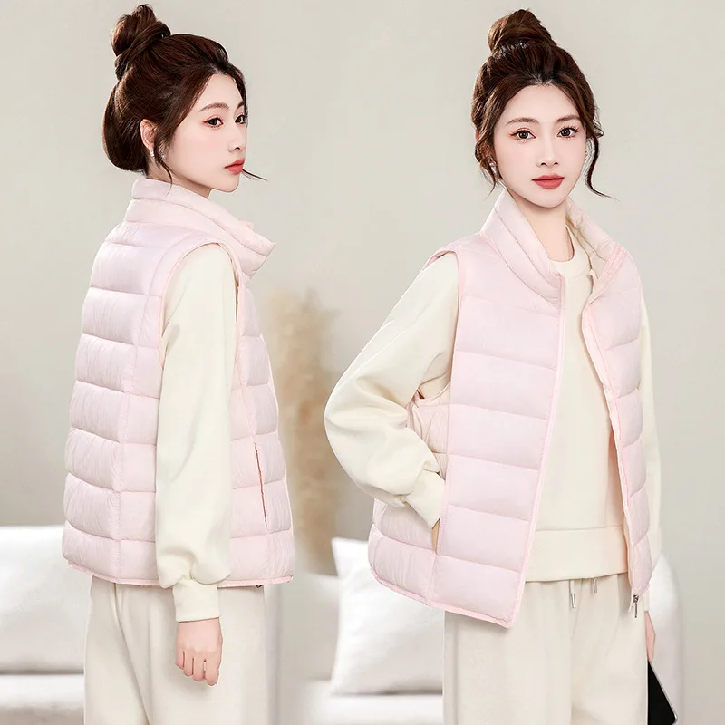 Autumn Winter Down Cotton Vest Women Thin Fashion Stand Collar All-Match Warm Sleeveless Waistcoat Jacket Ladies Outerwear Tops