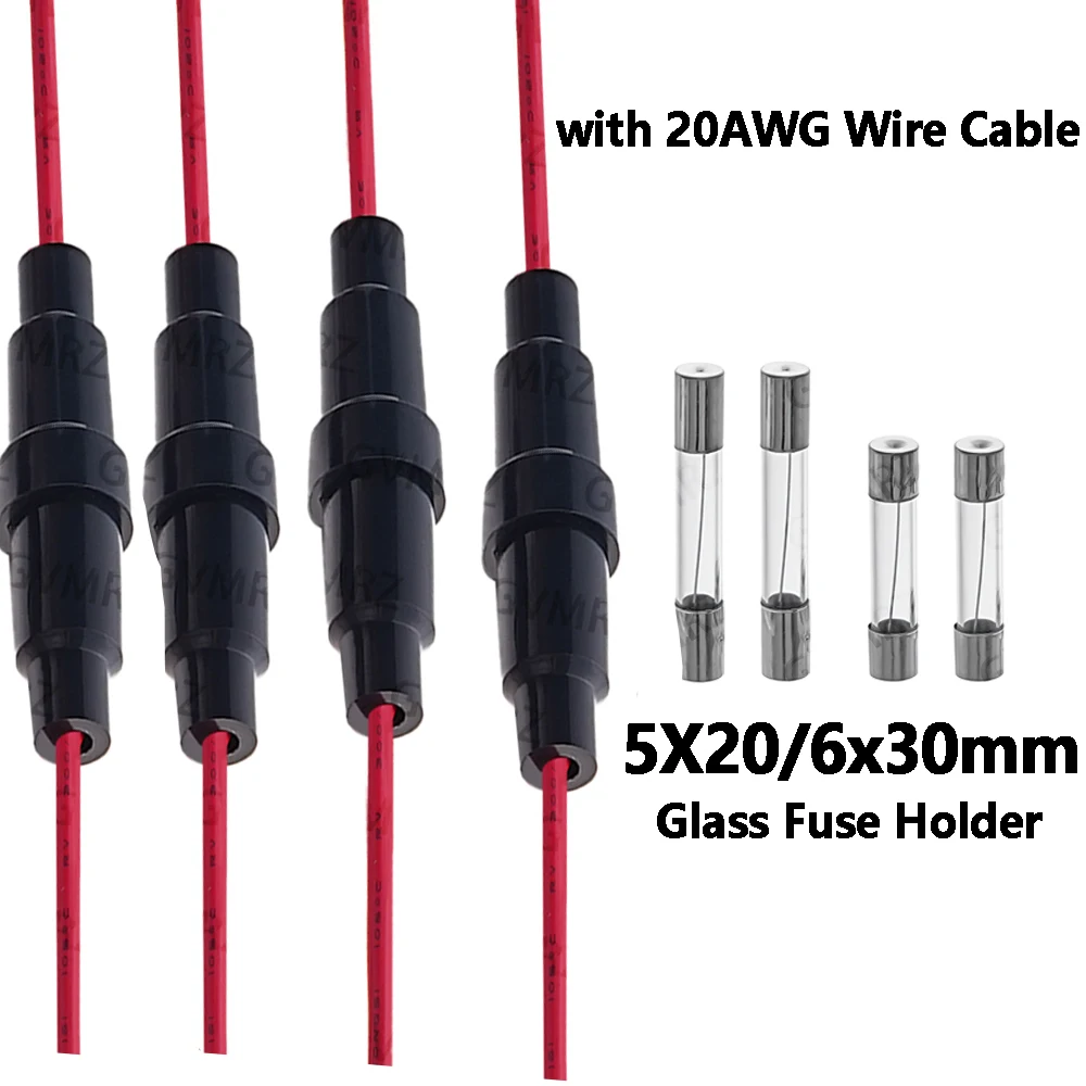 5PCS 5*20mm 6*30mm 5X20mm with 20AWG Wire Cable 250V 5X20MM Glass Fuse Tube Fuse Casing Glass Fuse Holder Screw Type 6x30/ 5x20