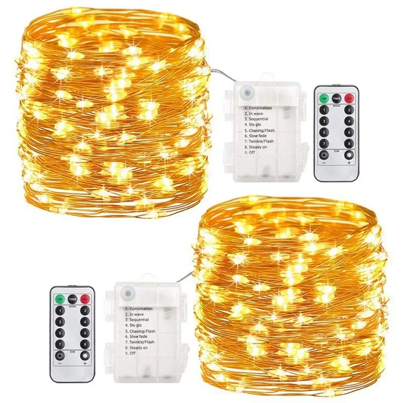 Waterproof 8   Copper Wire String Light Fairy Garland Christmas Lights Outdoor Remote Control Battery Power Wedding Decor Luces