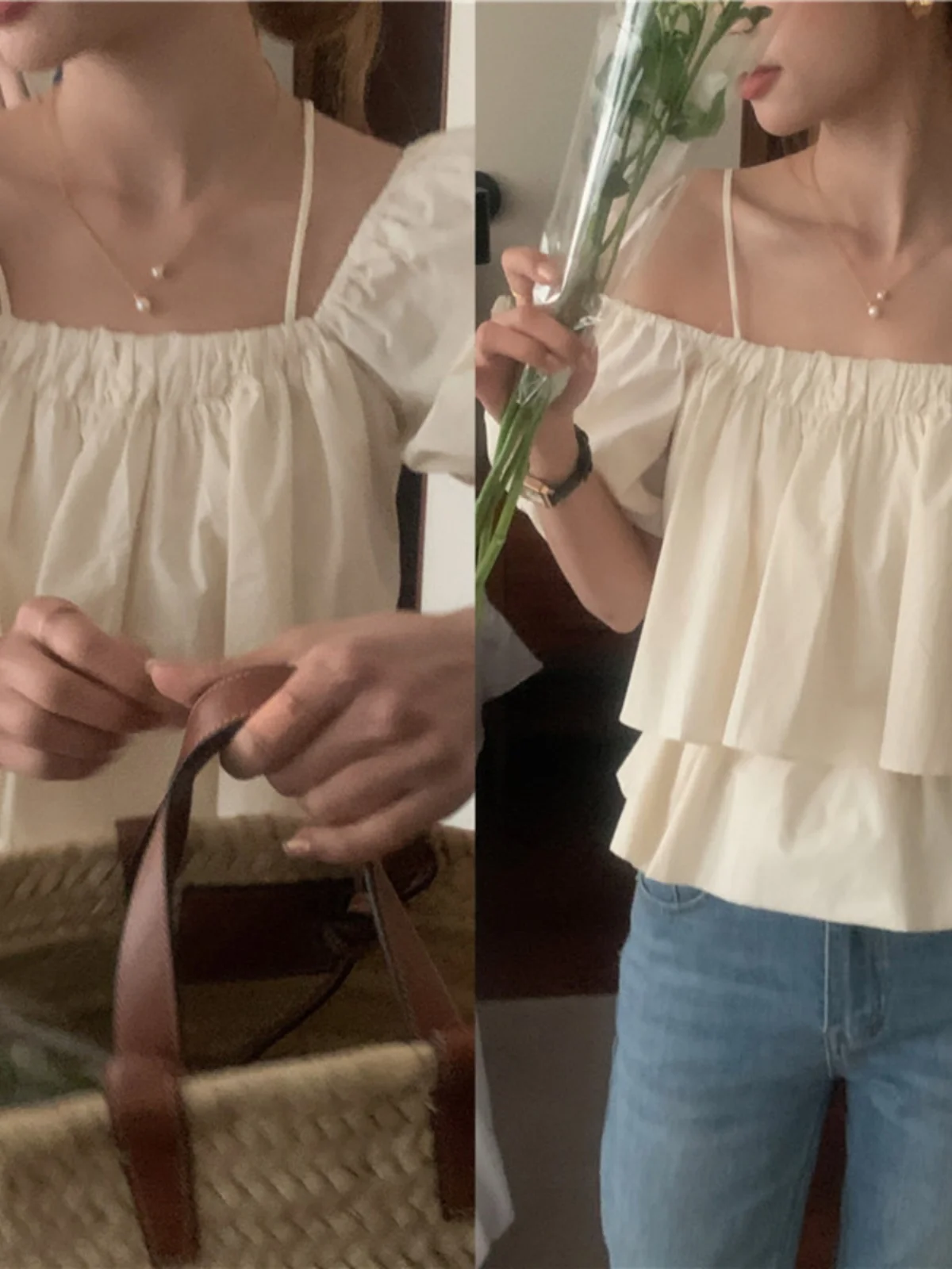 

Chic Two-Way Wear ort Sve One-oulder Women's irt Korean Sle Pure Color Bubble Sve Casual Loose Fit Summer Top