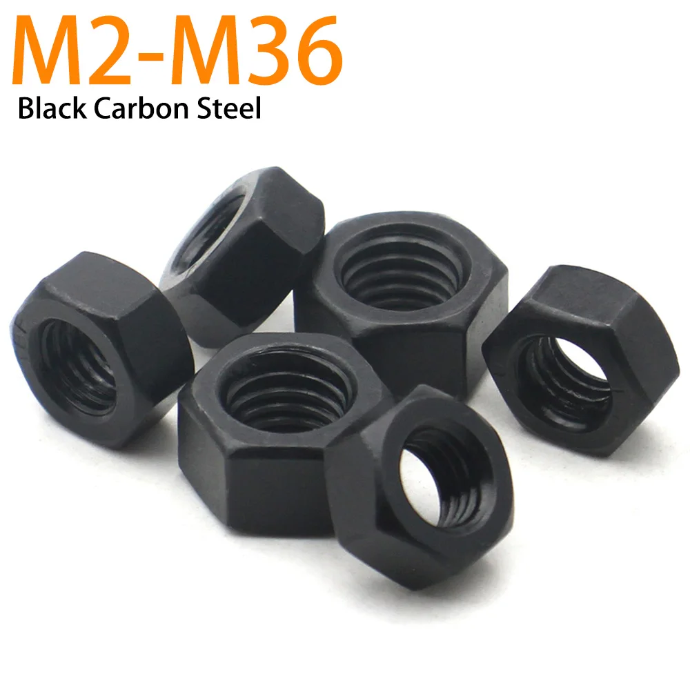 1-100pcs Grade 8.8 Black Carbon Steel Hex Nuts M2 M3 M4 M5 M6 M8 M10 M12 M14 M16 M20 M24 Coarse Thread Fasteners for Machinery