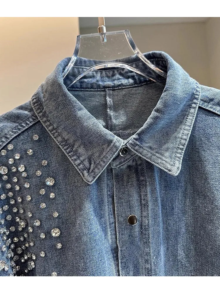 High Street Heavy Industry Rhinestone Blue Denim Jacket Shirt Loose Casual Jean Jacket 2024 Spring Autumn New Women\'s Clothing