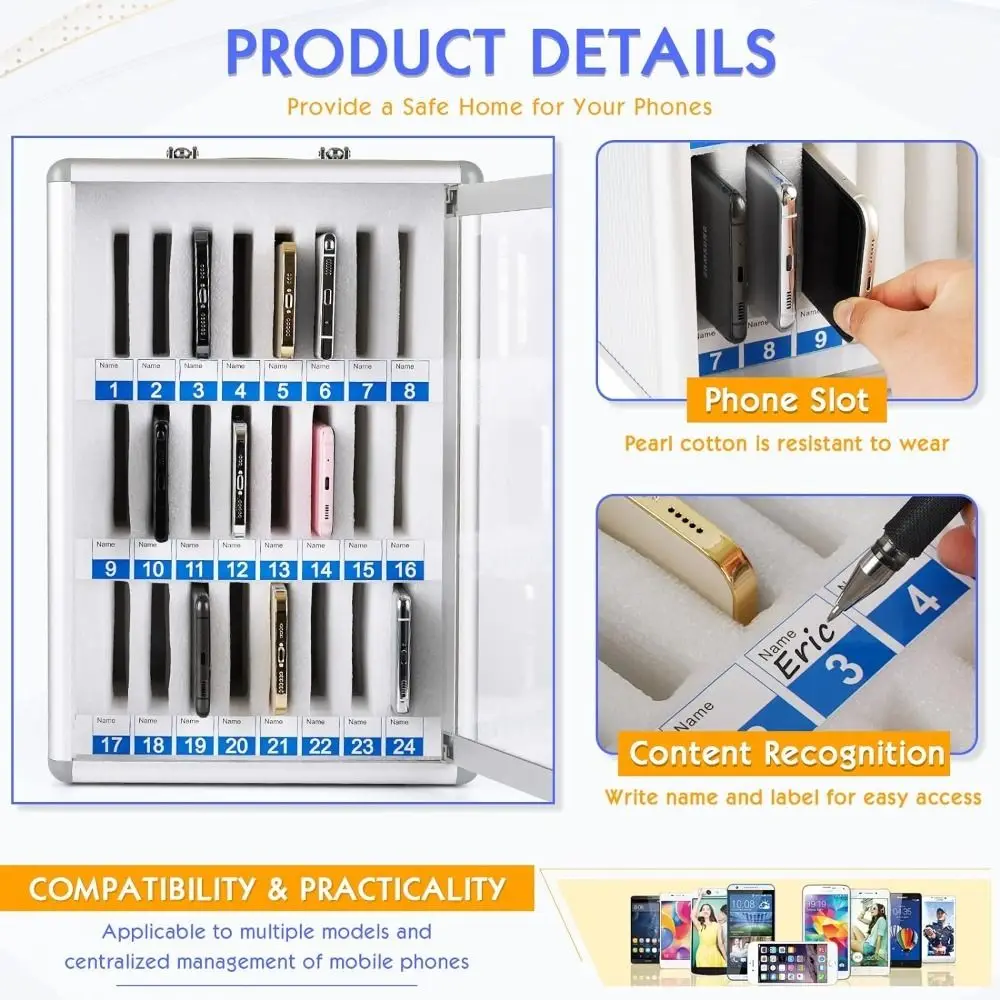 Aluminum Alloy Acrylic Aluminum Alloy Phone Storage Lockable 6/12/36/48 Slots Transparent Door Phone Storage Box Carried By Hand