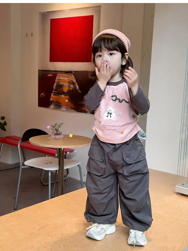 

Girls' Pocket Overalls2024Autumn New Men's and Women's Pants Baby Leisure Closed Straight Long Pants